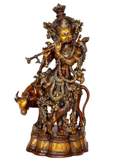 Krishna brass idol, close front view with gold-toned face, crown and detailed jewelry