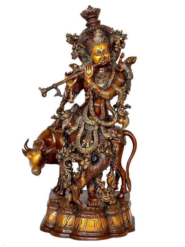Krishna with Cow Brass Idol Krishna Religious Statue Murti (Height 27 inch) Entryway Setting