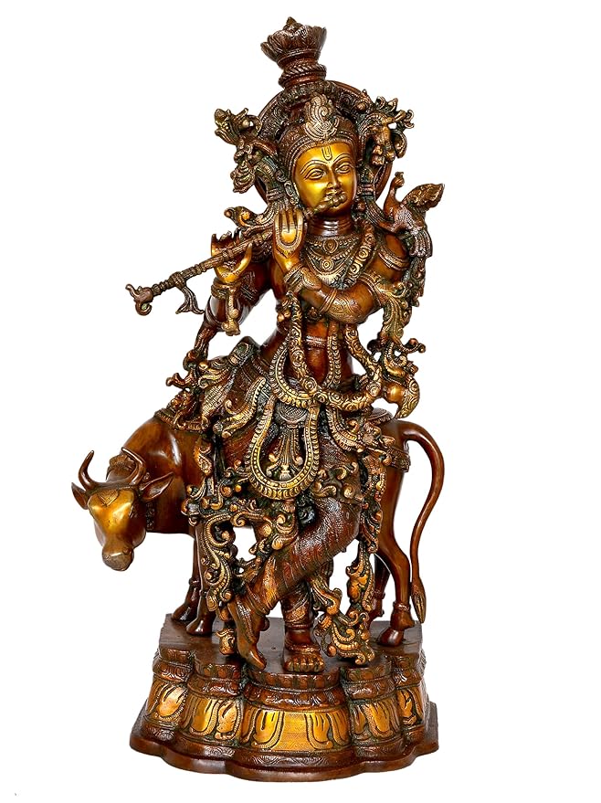 Krishna with Cow Brass Idol Krishna Religious Statue Murti (Height 27 inch) Craft Detail