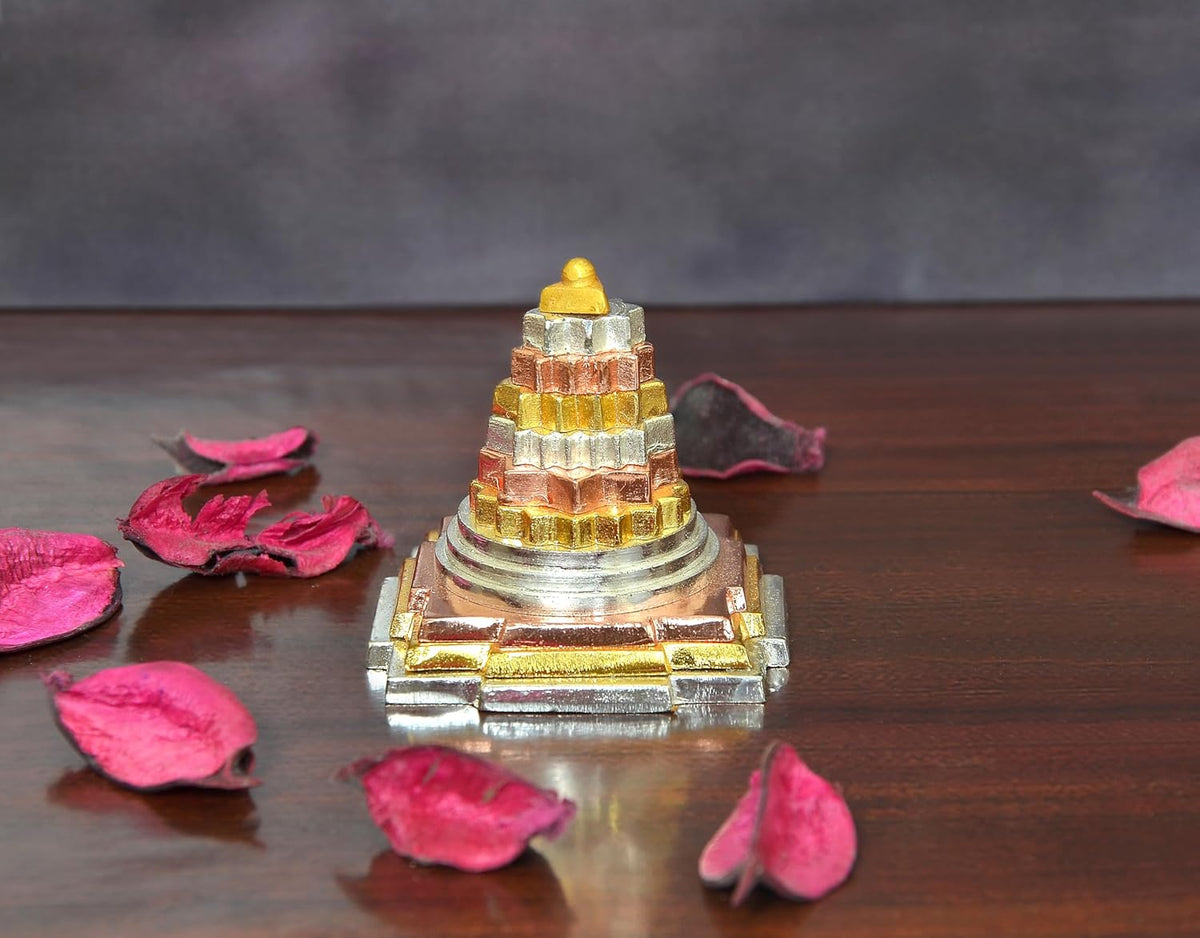 Brass Shri Yantra idol for mandir, height 2 inches, gold and silver tiers