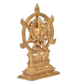 Brass Yoga Narasimha Vishnu statue angled view, ring motif and engraved base