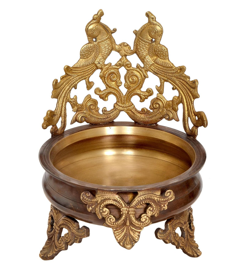 Brass Peacock Design Brass Urli - Handcrafted Traditional Decor Bowl for Weddings, Diwali, and Home Entrance Decor (Height 11.5 Inch)