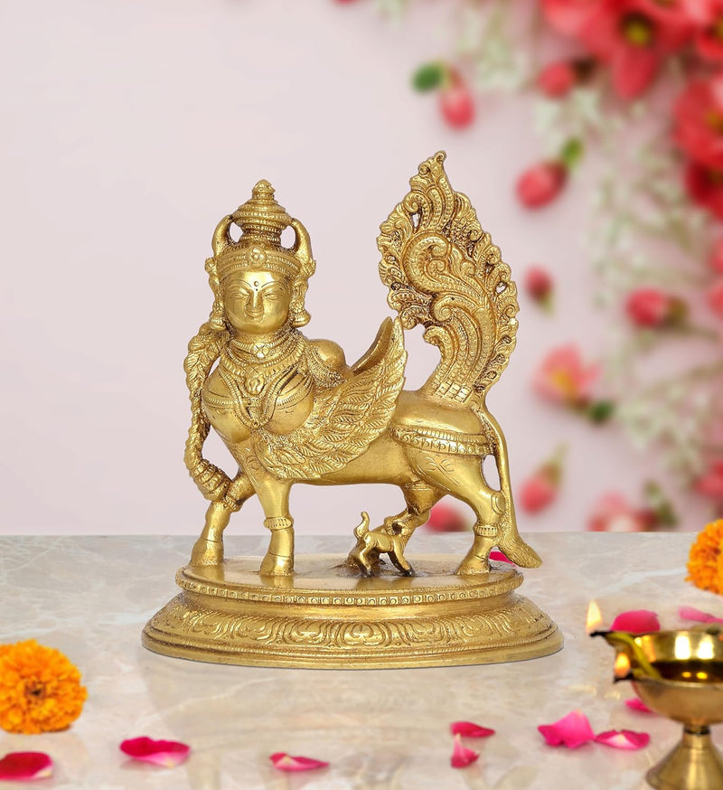 Brass Kamadhenu Cow with Wings | for Pooja Home Decor Mandir | (Height 6.5 Inch)