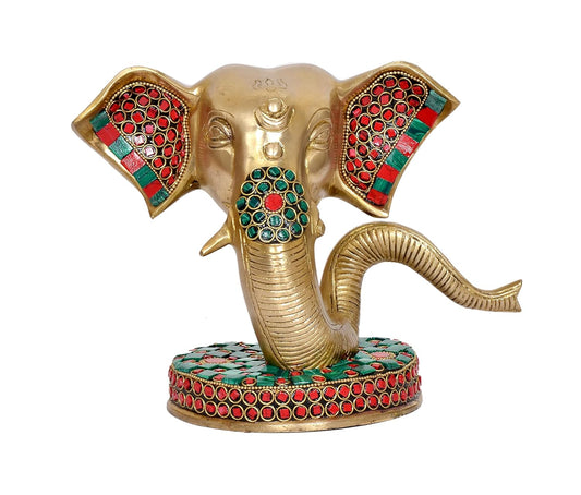 Brass Modern Ganesha Hed Idol Ganesh Statue Multicolor Stone Work Finish | Home Decor/Office Entrance/Temple/Diwali Gift | (Height : 6.5 inch)