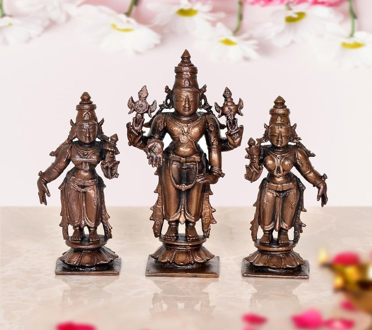 Copper Vishnu, Shridevi and Bhudevi deity statues set, three figures on bases