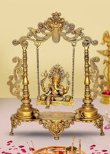 Brass Ganesha swing idol with Kirtimukha crown, gold-tone, 20 in