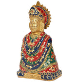 Brass Khatu Shyam ji idol, 3/4 view showing red-blue-green embroidered clothing