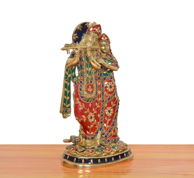 Brass Standing Radha Krishna Idol with Peacock Playing Flute (Height 12 Inch)