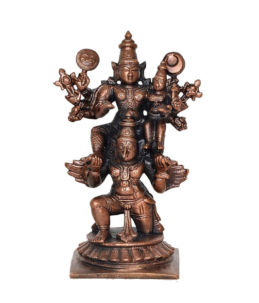 Copper Lord Vishnu with Devi Lakshmi On Garuda Decorative Showpiece Copper Murti (Height 5 Inch)