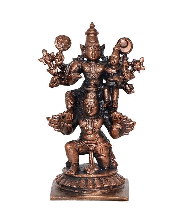 Copper Lord Vishnu with Devi Lakshmi On Garuda Decorative Showpiece Copper Murti (Height 5 Inch) Entryway Setting