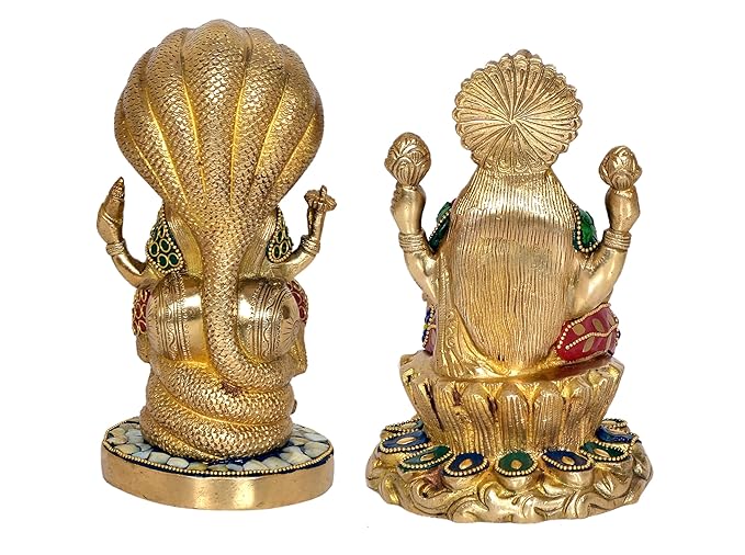 Brass Lord Sitting Vishnu Lakshmi On Shesh Naag Idol Figurine Showpiece Multicolour Height 8" Inches (Set of 2)