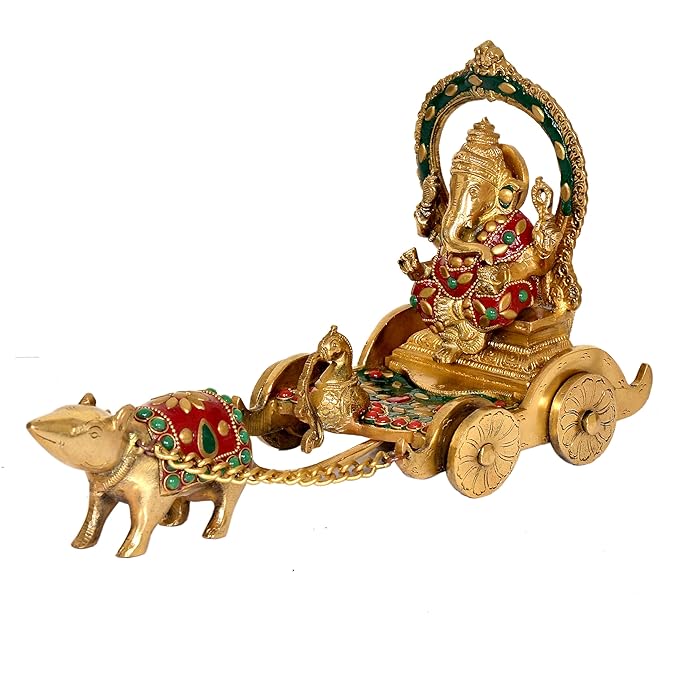 Brass Ganesha Rath Chariot with mouse Statue (Length : 12 Inches)
