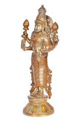 Brass Lakshmi statue side view, four arms held with decorative finials