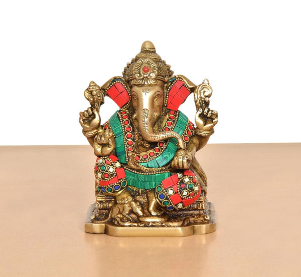 Brass Handcrafted Ganesh Murti Showpiece (Height 6 Inch) Study Setting