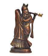 Brass Radha Krishna idol statue side-back view, draped robe, flute held forward
