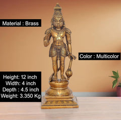 Brass Hanuman ji statue with colorful enamel accents, raised hand and mace