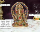 Brass Ganesha statue, multicolor details; 10 in height; jeweled halo and base