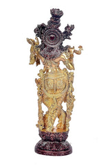 Back view brass Krishna playing flute idol with spoked headdress and winged ornaments on base
