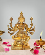 Gold-tone eight-armed goddess Varahi idol figurine, seated on ornate base
