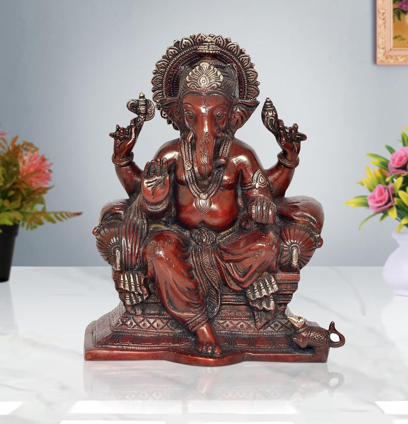 Brass Lord Ganesha Idol Sitting Ganesh Statue Decorative Sculpture for Home Decor Office Mandir Pooja Temple (Height 10 Inch)