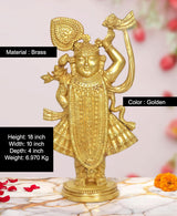Brass Shreenathji statue, golden finish; height 18 inch; ornate dress and halo