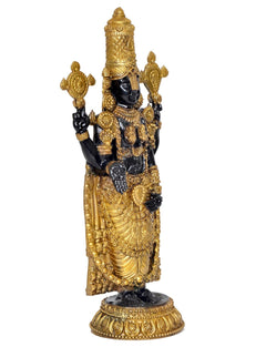 Brass Balaji idol statue, gold-and-black four hands holding decorative emblems