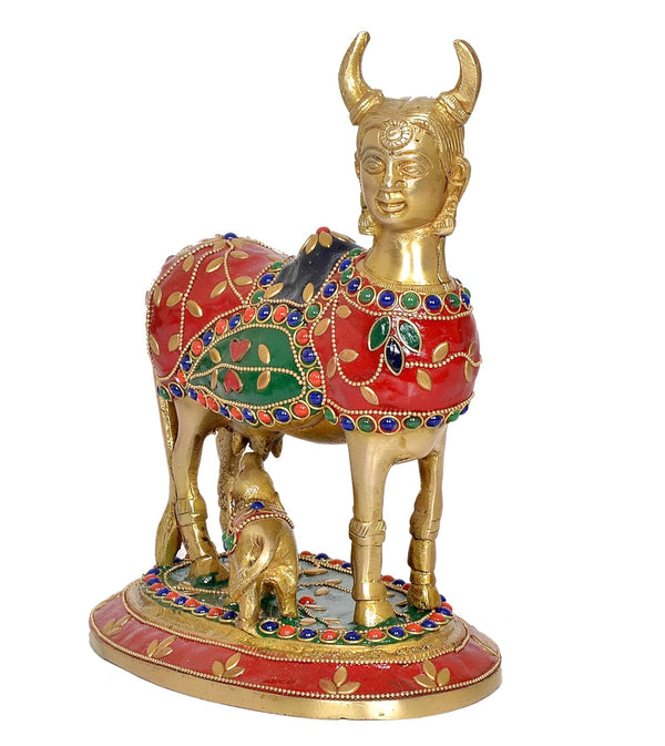 Brass Kamdhenu Cow with Calf for Home Decor Pooja Mandir Temple Office Decorative Showpiece Statue (Height: 8.5 Inch) Study Setting