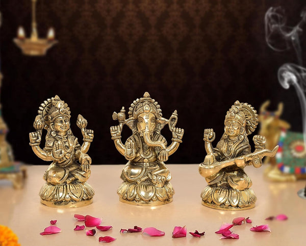 Brass Lakshmi Ganesha Saraswati Idol (Height 4.5 Inch)