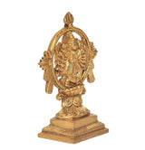 Brass Yoga Narasimha with Vishnu statue, detailed rear side of circular halo and base