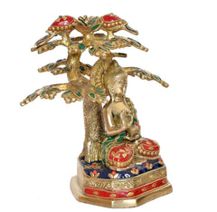 Brass Buddha tree decorative figure, profile view with colorful painted base and canopy
