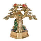 Brass Buddha tree showpiece rear view, jeweled canopy over detailed trunk and base