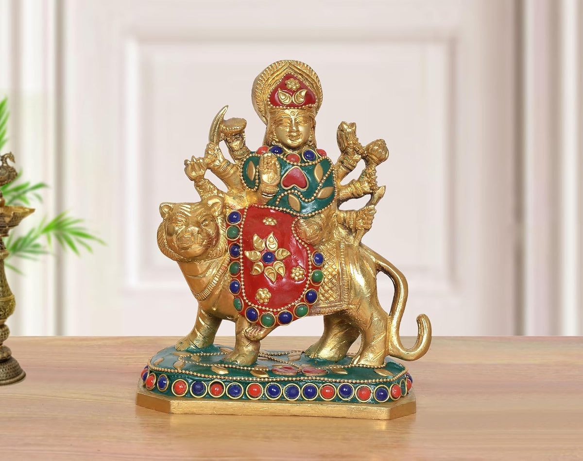 AONA multicolor brass Durga Maa statue riding a lion, 6-inch figurine with jeweled details