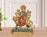 AONA multicolor brass Durga Maa statue riding a lion, 6-inch figurine with jeweled details