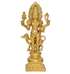 Brass Kal Bhairava statue, front view, four-armed deity on pedestal base