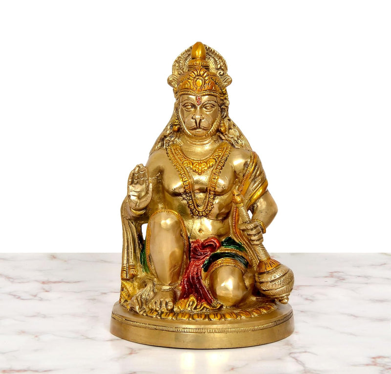 Brass Hanuman JI Sitting in Blessing Sculpture (Height 9.5 Inch)