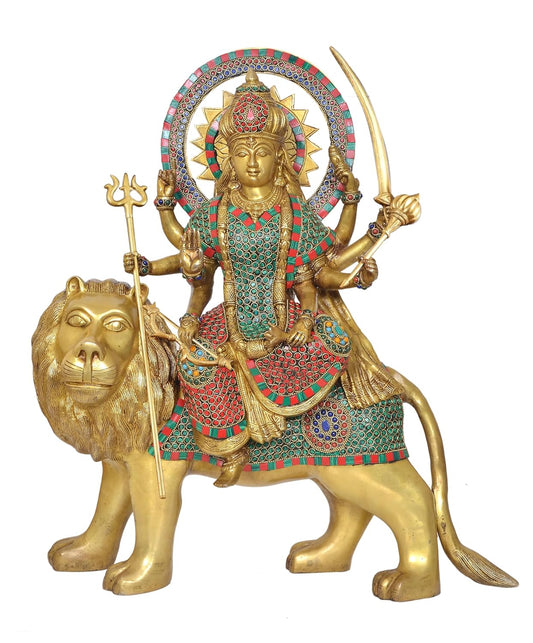 Brass Durga Maa with Lion Idol Hindu Goddess Sherawali MATA Murti MATA Rani Statue Figurine Home Temple (Height: 22 Inch)