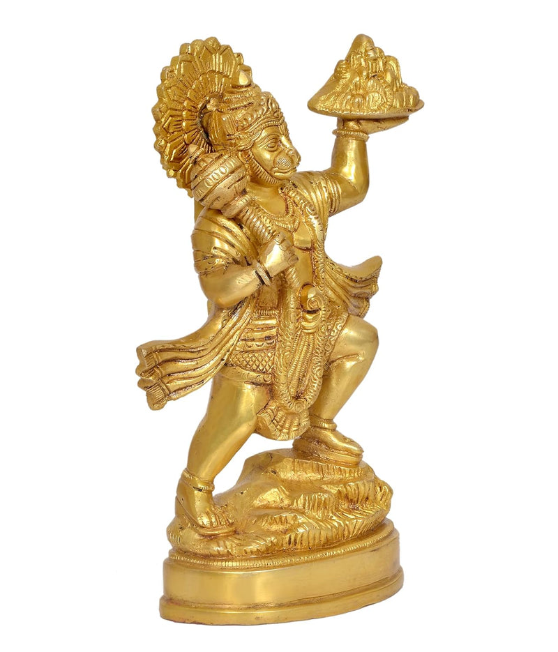 Brass Hanuman JI with Mountain Statue Idol Sculpture Statue Home Decor (Height: 9.5 Inch)