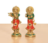 Brass Radha Krishna idol set, full figures with crown and ornaments, red/green, 5.5 in