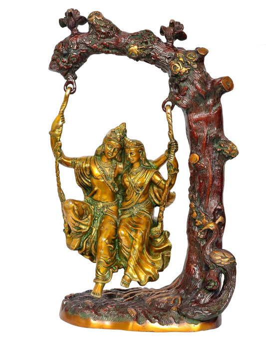 Brass Murlidhar Radha Krishna Murti Statue Idol Playing On Swing Idol Brass Statue, for Home Decor Mandir Pooja Temple (Height 14 Inch)