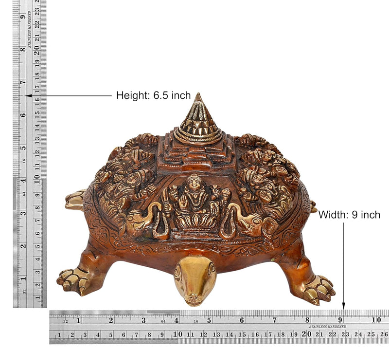 Brass Ashtalakshmi Shree Yantra on Tortoise Figurine Kachua Unique Home Decor Vastu Accent (Height: 6.5 inch)