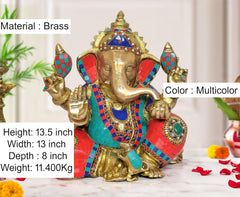 Brass Ganpati Bappa idol, multicolor mosaic details; shows “Height: 13.5 inch” text