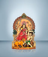 Resin Durga Mahishasura Mardini idol, 10-inch front view on base with lion and child attendant