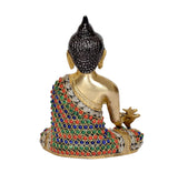 Rear view brass meditating Buddha idol with multicolor jewel-trimmed robe