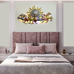 Iron wall decor of seven running horses with sun, glowing LED lights