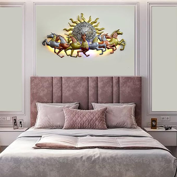 Iron Seven Running Horses with Sun Wall Decor Showpiece With LED Lights Horses (Width: 49 Inches) Mandir Setting