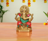 Brass Ganpati Bappa murti, front view, red & teal jeweled outfit, 3 inch