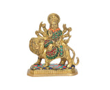 Durga Maa with lion idol brass statue, colorful circular gem patterns on dress