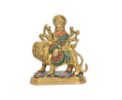 Durga Maa with lion idol brass statue, colorful circular gem patterns on dress