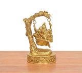 Brass Radha Krishna swing idol, close side view of swinging frame over base
