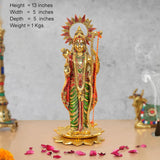 Standing Ram ji metal sculpture, frontal view with green-red robes and golden details